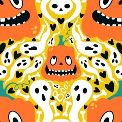 Naklejka na meble Halloween cartoon seamless pumpkins and ghost and skulls pattern for wrapping paper and fabrics and kids