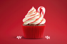 Red Christmas Cupcake, Candy Cane And Christmas Decoration. AI Generated