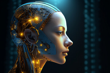 Poster - generative ai collage of female humanoid robot invention on dark black background