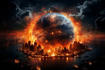 Wall Mural - Generative ai colage image picture of burning earth destroying by ecological catastrophe wars battle nuclear bomb