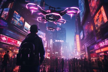 Poster - generative ai collage image photo of dynamic video game playing in metaverse reality city flying pla