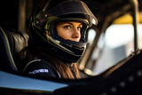 Fototapeta  - Generative AI digital portrait of a professional sports car racer in a helmet driving auto on the track