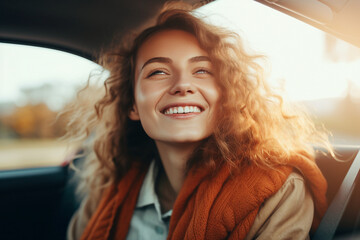 Generative AI photography of beautiful girl sitting inside car enjoying comfort autumn trip