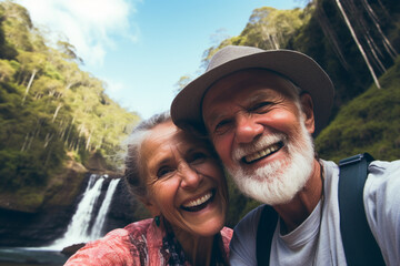 Generative AI illustration of nice aged couple traveling together making selfies beautiful landscape view admire nature feel young