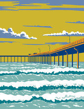 WPA Poster Art Of Surf Beach At Ocean Beach Municipal Pier Or OB Pier In San Diego County, California, United States USA Done In Works Project Administration.