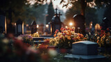 Mogiły na cmentarzu w dzień Wszystkich Świętych udekorowane kwiatami i zniczami