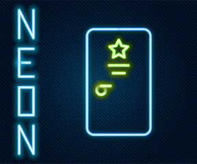 Poster - Glowing neon line Backstage icon isolated on black background. Door with a star sign. Dressing up for celebrities. Colorful outline concept. Vector