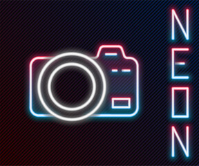 Poster - Glowing neon line Photo camera icon isolated on black background. Foto camera. Digital photography. Colorful outline concept. Vector