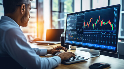 Businessman working on computer, analyzing business data, graphs and diagrams at office.