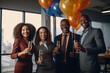 Smiling multiethnic business people holding champagne during corporative party with balloons in the office.