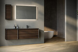 Fototapeta  - Stylish bathroom interior with gray and brown walls, black countertop with mirror, bathtub, shower, plants and parquet floor.Minimalist cozy bathroom with modern furniture.