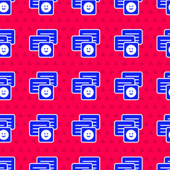 Poster - Blue New chat messages notification on laptop icon isolated seamless pattern on red background. Smartphone chatting sms messages speech bubbles. Vector