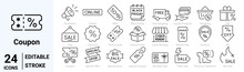 Set Of 24 Line Web Icons Discount, Coupon, Percent Sign Ribbon, Discount Code And More. Collection Of Outline Icons. Vector Illustration.