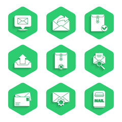Poster - Set Delete envelope, Envelope setting, Mail box, with magnifying glass, Upload inbox, and check mark and Speech bubble icon. Vector