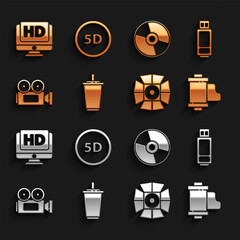 Poster - Set Paper glass with water, USB flash drive, Camera vintage film roll cartridge, Movie spotlight, Cinema camera, CD or DVD disk, Monitor HD video and 5d virtual reality icon. Vector