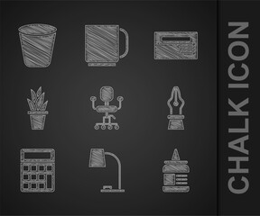 Poster - Set Office chair, Table lamp, Glue, Fountain pen nib, Calculator, Plant pot, Business card and Trash can icon. Vector