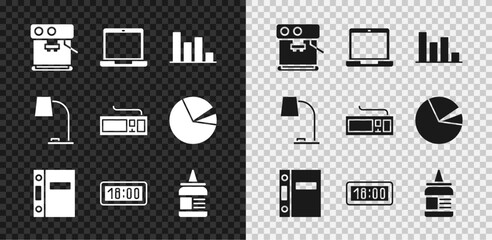 Wall Mural - Set Coffee machine, Laptop, Pie chart infographic, Office folders, Digital alarm clock, Glue, Table lamp and Keyboard icon. Vector