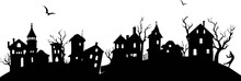 Small Cartoon Town Silhouette Houses Trees Black And White. Vector Illustration With Fairy Town Silhouette. Halloween Villgae Silhouette Vector Illustration.