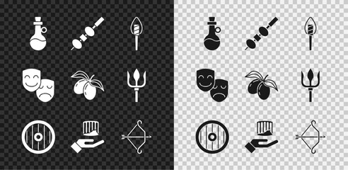 Wall Mural - Set Bottle of olive oil, Olive and cheese on chopstick, Torch flame, Greek shield, Ancient column, Medieval bow with arrow, Comedy tragedy masks and Olives branch icon. Vector