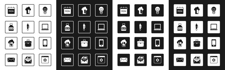Poster - Set Light bulb, Fountain pen nib, Glue, Calendar, Laptop, Cloud database, Mobile phone and icon. Vector