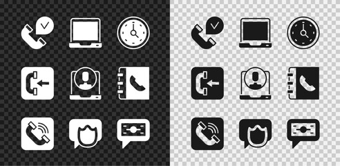 Poster - Set Telephone handset, Laptop, Clock, Speech bubble chat, Stacks paper money cash, Incoming call and 24 hours support icon. Vector