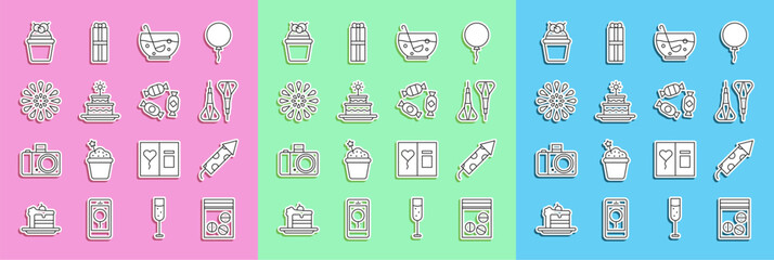 Poster - Set line Plastic bag of drug, Firework rocket, Dart arrow, Mixed punch in bowl, Cake with burning candles, and Candy icon. Vector