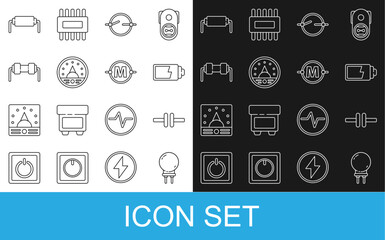 Poster - Set line Light emitting diode, Electric circuit scheme, Battery charge level indicator, Ampere meter, multimeter, voltmeter, Resistor electricity, and icon. Vector