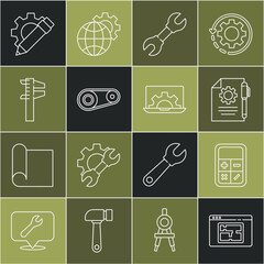 Poster - Set line House plan, Calculator, Document settings and pen, Wrench spanner, Timing belt kit, Calliper caliper scale, Pencil gear and Laptop icon. Vector