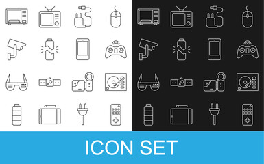 Poster - Set line Remote control, Vinyl player, Wireless gamepad, Charger, Broken battery, Security camera, Microwave oven and Smartphone, mobile phone icon. Vector