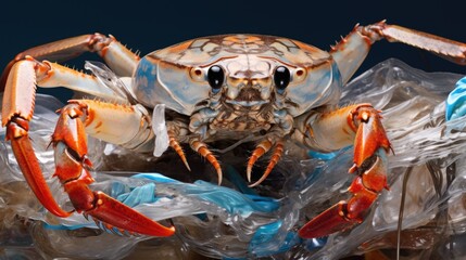 Wall Mural - crab entangled in plastic waste, showing the danger of marine debris generative ai