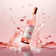 Bottle Of Rose Wine Floating In Liquid Splash. Wine Bottle Mockup With Blank White Label, Commercial Rose Wine Label Template