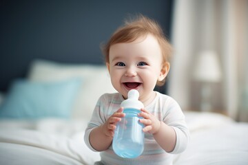 cute happy little baby holding a feeding bottle with milk and smiling. milk formula for babies