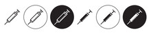 Syringe Vector Icon Set. Inject Needle Symbol. Vaccine Injection Syringe Vector Sign. Insulin Injector Needle Symbol In Color.