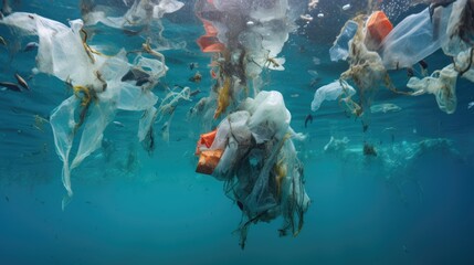 Wall Mural - marine life surrounded by plastic debris, underlining the gravity of ocean pollution generative ai