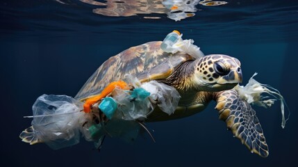 Wall Mural - marine life surrounded by plastic debris, underlining the gravity of ocean pollution generative ai