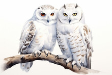 Watercolor Illustration Of Two Snow Owls In Love. Generative AI.