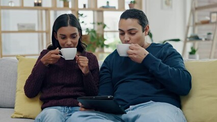 Sticker - Love, coffee or happy couple talking in home living room bonding or speaking in interracial relationship. Morning, drinking tea or Indian woman in conversation with a man on sofa to relax on holiday