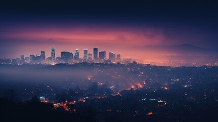 smoggy city lights at night, showcasing the issue of light pollution generative ai