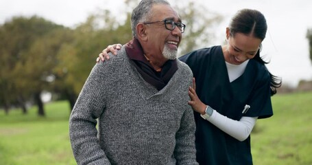 Canvas Print - Healthcare, smile and old man with nurse in park for walk together with help, support and nature. Senior care, elderly patient and happy woman caregiver in conversation garden for fresh air or physio