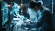 © Vitalii But - Young adult woman works with future technologies. High tech science and engineering concept. AI