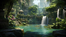Enchanting Forest With A Pathway To A Hidden Temple, Waterfall, Pond, Crystal Clear Water, Green