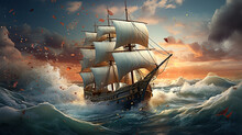 Fantasy Ship On The Ocean, Ocean Waves, High Fantasy Art, Epic Scenery, Digital Illustration