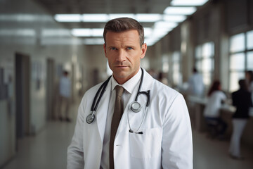 Confident Male Doctor in Hospital Corridor: A professional and cheerful medical practitioner stands with crossed arms, wearing a smart coat and stethoscope, showcasing expertise and dedication.