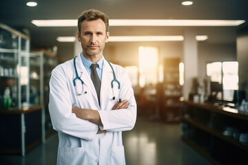 Confident Male Doctor in Hospital Corridor: A professional and cheerful medical practitioner stands with crossed arms, wearing a smart coat and stethoscope, showcasing expertise and dedication.