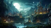 Enchanting Fantasy Village In The Forest At Night, Surreal Landscape, Moon, Land Bridge