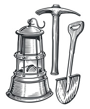 Mining Tools, Shovel, Pickaxe And Lantern In Vintage Engraving Style. Sketch Vector Illustration