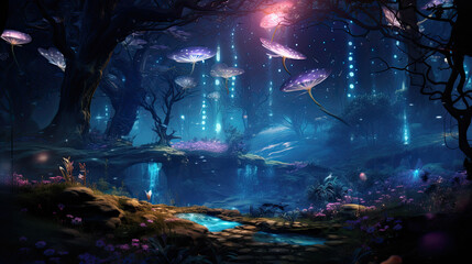 Wall Mural - Illustration of fantasy forest - AI generated image.