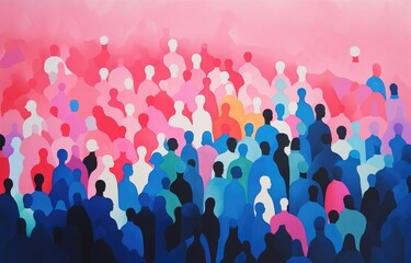 Wall Mural - A Crowd of different people and ethnicities in a beautiful Gouache style risograph - Screenprint style poster artwork — LANDSCAPE 