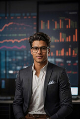 A smart business man with business chart background.