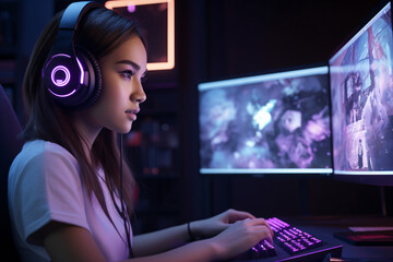 Wall Mural - Girl playing a video game at night, sitting in front of her gaming pc with a headset - Generative AI